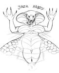  4_fingers anthro black_and_white breasts claws english_text featureless_breasts female forked_tongue lying monochrome naga nude on_back open_mouth pussy reptile scalie snake solo text tongue tongue_out unknown_artist video_games viper_(x-com) x-com 