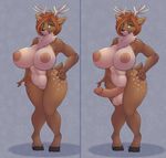  2015 anthro antlers areola balls big_balls big_breasts big_penis breasts brown_fur brown_hair cervine chest_tuft deer dickgirl erection female fur green_eyes hair hand_on_hip hi_res hooves horn huge_breasts humanoid_penis intersex mammal navel nipples nude penis pussy solo spots standing thick_thighs tuft voluptuous wide_hips wyntersun 