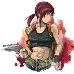  abs black_lagoon breasts brown_hair crop_top gun handgun highres holster locked_slide long_hair low_ponytail magazine_(weapon) medium_breasts midriff mimiyama_kiichi pistol revy_(black_lagoon) shoulder_holster sketch solo tattoo weapon 