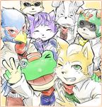  amphibian anthro avian bill_grey bird black_nose blue_fur blue_hair brown_fur canine clothing dog eyewear falco_lombardi female fox fox_mccloud frog fur gem grey_fur group hair hat jacket james_mccloud krystal lagomorph male mammal nintendo peppy_hare rabbit short_hair slippy_toad star_fox sunglasses video_games white_fur 魔乃葉 