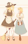  alice_margatroid alternate_height blonde_hair blue_eyes blush broom commentary dress hat height_difference height_switch kirisame_marisa looking_at_another multiple_girls orz_(kagewaka) smile touhou witch_hat 