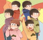  arm_behind_back arm_up bad_id bad_twitter_id beanie black_hair bowl_cut brothers hands_in_pocket hat heart heart_in_mouth hood hoodie looking_at_viewer looking_back male_focus matsuno_choromatsu matsuno_ichimatsu matsuno_juushimatsu matsuno_karamatsu matsuno_osomatsu matsuno_todomatsu multicolored multicolored_background multiple_boys osomatsu-kun osomatsu-san sextuplets siblings smile sweatshirt v 