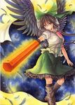  arm_cannon bird_wings black_wings bow brown_hair cape colored_pencil_(medium) feathers hair_bow long_hair mosho paint_(medium) red_eyes reiuji_utsuho shirt skirt solo space third_eye touhou traditional_media very_long_hair watercolor_(medium) weapon wings 