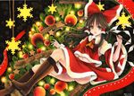  adapted_costume ascot boots bow brown_eyes brown_hair christmas_ornaments christmas_tree colored_pencil_(medium) detached_sleeves gohei hair_bow hair_tubes hakurei_reimu knee_boots long_hair long_sleeves looking_at_viewer mosho open_mouth paint_(medium) santa_costume shirt skirt skirt_set smile solo touhou traditional_media watercolor_(medium) wide_sleeves 