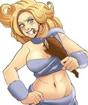 ayla_(chrono_trigger) bare_shoulders blonde_hair boned_meat breasts caveman chrono_trigger cleavage eating food green_eyes greenmarine grin hand_on_hip highres large_breasts long_hair meat midriff navel skirt smile solo strapless tail tail_wrap tribal tubetop 