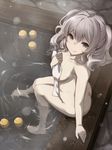  bad_id bad_pixiv_id blue_eyes breasts covering food from_above fruit kantai_collection kashima_(kantai_collection) kyuuma_(shimashima521) looking_at_viewer medium_breasts nude_cover onsen silver_hair smile solo towel twintails water yuzu_(fruit) yuzu_bath 