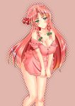  ass blush bow braid breasts cleavage cosplay eburi_a embarrassed frilled_skirt frills green_eyes hair_bow hanging_breasts hat hat_bow head_tilt highres hong_meiling knees_together_feet_apart large_breasts long_hair looking_at_viewer mob_cap pink_shirt pink_skirt red_hair reflective_eyes remilia_scarlet remilia_scarlet_(cosplay) ribbon-trimmed_collar ribbon_trim shiny shiny_hair shiny_skin shirt short_sleeves skirt skirt_tug solo thighs touhou twin_braids unbuttoned unbuttoned_shirt undersized_clothes very_long_hair wavy_mouth 