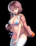  bangs bikini black_background blue_bikini breasts brown_eyes brown_hair cleavage cowboy_shot gundam huge_breasts jacket_on_shoulders looking_at_viewer masao mirai_yashima mobile_suit_gundam navel parted_bangs short_hair side-tie_bikini simple_background smile solo striped striped_bikini swimsuit thighhighs thighs white_legwear 