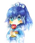  aqua_eyes blue_hair candy_apple food fubukihime high_ponytail japanese_clothes kimono long_hair momiji_(lucario) solo white_background youkai youkai_watch 