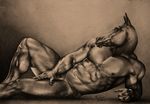  2012 abs anthro arm_support barefoot biceps big_muscles censored clothed clothing convenient_censorship equine hairless half-dressed hand_on_leg horse inviting looking_up lying male mammal monochrome muscular navel nefalem nipples nude on_side pecs pencil_(artwork) pose pubes realistic seductive simple_background traditional_media_(artwork) underwear vein 