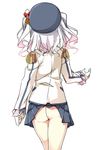  ass back cowboy_shot facing_away from_behind hat hatsunatsu kantai_collection kashima_(kantai_collection) miniskirt no_panties silver_hair simple_background sketch skirt solo standing two_side_up upskirt wardrobe_malfunction white_background 