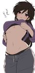  black_panties breasts brown_hair cowboy_shot genderswap genderswap_(mtf) groin hair_between_eyes highres large_breasts lifted_by_self long_hair long_sleeves looking_at_viewer matsuno_ichimatsu midriff naruse_makoto navel osomatsu-kun osomatsu-san panties pants parted_lips purple_eyes shirt_lift simple_background sketch solo stomach underboob underwear upshirt white_background 