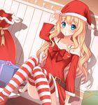  arm_at_side bangs belt blonde_hair blue_eyes blush bow box bra_strap checkered checkered_floor chestnut_mouth christmas collarbone dress dutch_angle eyebrows eyebrows_visible_through_hair fur_trim gift gift_box hand_on_headwear hat highres kurisu-kun long_hair long_sleeves looking_at_viewer off_shoulder on_floor original panties pantyshot pantyshot_(sitting) red_bow red_dress red_hat sack santa_costume santa_hat shadow sitting solo striped striped_legwear thighhighs tile_floor tiles underwear 