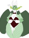  anthro averyshadydolphin big_breasts bow_tie breasts bunny_costume cleavage clothed clothing crown dialogue dragon dragon_princess_iii english_text fake_ears fake_rabbit_ears female fishnet forehead_gem gloves green_scales huge_breasts scales scar solo text thick_thighs towergirls wings 
