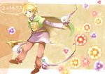  2014 :d alpommeca blonde_hair brown_background brown_footwear cape dated flower full_body golden_sun green_cape holding holding_staff ivan_(golden_sun) looking_at_viewer male_focus open_mouth outstretched_arm purple_eyes shoes smile speech_bubble staff standing 