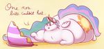  belly big_belly cutie_mark english_text equine feathered_wings feathers female friendship_is_magic fur graphene hair hi_res hooves horn horse long_hair mammal multicolored_hair my_little_pony open_mouth overweight pony princess_celestia_(mlp) simple_background smile solo teeth text tongue white_fur winged_unicorn wings 