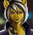  bust_shot clothed clothing dclzexon equine fan_character female hair mammal ponytail purple_eyes solo yellow_body 