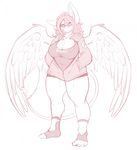  2015 ami_(yaita) anthro avian beak big_breasts breasts cleavage clothed clothing feathered_wings feathers female gryphon hair hi_res huge_breasts long_hair simple_background sketch solo standing thick_thighs voluptuous wide_hips wings wyntersun 