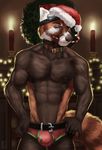  5_fingers anthro belt blue_eyes briefs brown_fur bulge candle candy candy_cane christmas clothing collar eyewear food fur goggles hat holidays littlefreckles male mammal muscular navel nipples orange_fur red_panda santa_hat solo standing underwear white_fur 