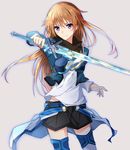  black_shorts blue_legwear brown_hair grey_background holding holding_sword holding_weapon long_hair looking_at_viewer original purple_eyes shorts smile solo standing sword thighhighs tsuedzu weapon 