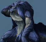  2011 abs anthro biceps blue_fur blue_hair canine chest_fur convenient_censorship duga fur grin hair long_hair male mammal mane manly muscular muscular_male naturally_censored nude shining_(series) shining_force shining_force_exa simple_background sitting smile solo sourou_cerulean_wolf tasteful_nudity video_games white_fur wolf yellow_eyes らっしぃ 