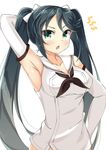  armpits bad_id bad_pixiv_id black_hair chestnut_mouth collarbone detached_sleeves furrowed_eyebrows green_eyes hair_ribbon hand_behind_head hand_on_hip isuzu_(kantai_collection) kankitsunabe_(citrus) kantai_collection long_hair neckerchief ribbon sailor_collar solo twintails upper_body very_long_hair white_background 