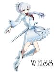  blue_eyes boots character_name dress knee_boots long_hair looking_at_viewer mate@juken myrtenaster ponytail rwby scar scar_across_eye silver_hair smile solo sword weapon weiss_schnee white_footwear 