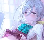  bad_id bad_twitter_id blue_eyes blush bow frown grey_hair hair_ribbon kantai_collection kiyoshimo_(kantai_collection) kylin long_hair long_sleeves navel pantyhose ribbon school_uniform shirt_lift solo tears twintails wavy_mouth yellow_ribbon 