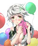  antlers areola_slip areolae balloon bare_shoulders blush braid breasts embarrassed happy_birthday highres jitome kantai_collection large_breasts long_hair looking_at_viewer no_bra open_clothes remodel_(kantai_collection) shikigami silver_hair single_braid solo uno_ryoku unryuu_(kantai_collection) very_long_hair yellow_eyes 