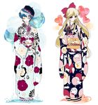  aino_minako animal_print bishoujo_senshi_sailor_moon blonde_hair blue_eyes blue_hair blue_nails bow cat_print closed_eyes crescent expressionless floral_print full_body furisode ginkou_(atmzh) hair_bow hat heart highres japanese_clothes kimono long_hair mercury_symbol mizuno_ami multicolored multicolored_clothes multicolored_kimono multiple_girls nail_polish orange_nails red_bow sandals short_hair standing venus_symbol 