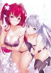  absurdres black_legwear blush bra breast_hold breasts cleavage highres large_breasts lingerie multiple_girls naruse_maria naruse_mio nylon panties red_eyes red_hair see-through shinmai_maou_no_testament small_breasts smile thighhighs twintails underwear 