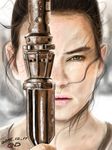  2015 black_hair brown_eyes damaged desert dirty freckles highres lips long_hair looking_at_viewer realistic rey_(star_wars) runa_(edoraq1961) science_fiction serious signature solo staff star_wars star_wars:_the_force_awakens weapon 