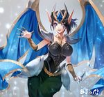  alternate_costume alternate_hairstyle armor armored_dress artist_request black_hair blue_eyes boobplate breastplate breasts happy large_breasts league_of_legends morgana pointy_ears ponytail solo victorious_morgana wings 
