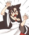  animal_ears blush breasts brooch brown_hair collarbone dress fang imaizumi_kagerou jewelry kaginoni long_hair long_sleeves looking_at_viewer medium_breasts off-shoulder_shirt off_shoulder open_mouth red_eyes shirt solo tail touhou wide_sleeves wolf_ears wolf_tail 