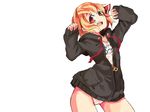  :d :o arms_up black_jacket blonde_hair blush bodies cameltoe contrapposto fang hair_ornament hair_ribbon highres jacket long_sleeves looking_at_viewer one-piece_swimsuit open_clothes open_jacket open_mouth paw_pose pocket red_eyes ribbon rumia school_swimsuit short_hair simple_background sleeves_past_wrists smile solo standing swaying swimsuit teeth touhou unzipped wet wet_clothes wet_swimsuit white_background white_school_swimsuit white_swimsuit yunuki_uta zipper 