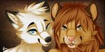  anthro brown_fur brown_hair canine crescent0100 duo feline female fur hair half-closed_eyes inner_ear_fluff lion looking_at_viewer male mammal smile tongue tongue_out white_fur white_hair 