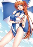  blue_eyes blue_leotard blush breast_hold breasts cleavage cleavage_cutout itachou large_breasts leotard long_hair lyrical_nanoha mahou_shoujo_lyrical_nanoha_strikers open_mouth purple_eyes race_queen red_hair side_ponytail solo standing takamachi_nanoha umbrella very_long_hair white_leotard 