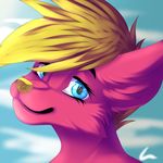  anthro blonde_hair canine cloud crescent0100 female fur hair half-closed_eyes inner_ear_fluff looking_at_viewer mammal pink_fur smile solo 