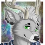  abstract_background anthro antlers cervine clothed clothing crescent0100 deer fur grey_fur grey_hair hair half-closed_eyes horn inner_ear_fluff looking_at_viewer male mammal smile solo 
