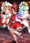  bangs blonde_hair blush bow candle chestnut_mouth eyebrows eyebrows_visible_through_hair flandre_scarlet flower frilled_sleeves frills hat hat_ribbon holding holding_weapon lace-trimmed_legwear lace-trimmed_sleeves laevatein long_hair mob_cap puffy_short_sleeves puffy_sleeves red_bow red_eyes red_flower red_footwear red_ribbon red_rose red_skirt red_vest ribbon rose rose_bush shirt shoes short_sleeves side_ponytail skirt socks solo touhou toutenkou vest weapon white_legwear white_shirt wrist_cuffs 