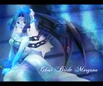  blue_eyes blue_flower blue_hair breasts chain character_name choker cleavage dress flower ghost_bride_morgana league_of_legends long_hair medium_breasts mizoreame morgana pointy_ears solo wedding_dress wings 