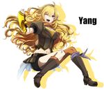  ;d belt_boots blonde_hair boots brown_footwear knee_boots long_hair looking_at_viewer mate@juken midriff navel one_eye_closed open_mouth rwby smile solo yang_xiao_long 