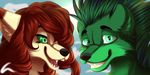  anthro canine cloud crescent0100 duo fangs female fur green_fur green_hair hair half-closed_eyes looking_at_viewer male mammal multicolored_hair open_mouth outside red_hair smile teeth tongue two_tone_hair wolf 
