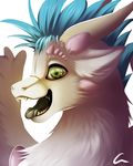  anthro blue_hair crescent0100 dragon fangs fur hair half-closed_eyes horn looking_at_viewer male open_mouth simple_background smile solo teeth tongue tongue_out white_background white_fur wings 