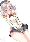  blue_eyes blurry blush breasts covering covering_crotch depth_of_field embarrassed epaulettes gloves hat highres kantai_collection kashima_(kantai_collection) medium_breasts military military_uniform nebusoku silver_hair skirt solo twintails uniform 