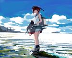  bangs blue_eyes blue_legwear brown_hair cannon cloud condensation_trail crane day fujibejifu full_body hat kantai_collection kneehighs legs_together looking_at_viewer machinery mountain ocean outdoors sailor_collar sailor_hat ship short_hair sky sleeveless solo standing wading watercraft waves z3_max_schultz_(kantai_collection) 