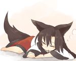  animal_ears blush brooch brown_hair closed_eyes dress imaizumi_kagerou jewelry kaginoni long_hair long_sleeves lying on_stomach open_mouth sleeping solo tail touhou wolf_ears wolf_tail 