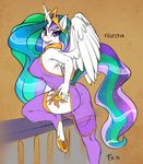  2015 anthro anthrofied breasts butt clothing cutie_mark equine feathered_wings feathers female fluff-kevlar friendship_is_magic hair horn legwear long_hair looking_at_viewer mammal multicolored_hair my_little_pony princess_celestia_(mlp) smile solo translucent transparent_clothing winged_unicorn wings 
