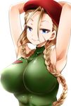  alternate_breast_size armpits arms_up beret blonde_hair braid breasts cammy_white covered_nipples green_leotard hair_over_shoulder hal_(goshujinomocha) hat highres large_breasts leotard long_hair looking_at_viewer simple_background smile solo street_fighter twin_braids upper_body white_background 