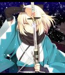  ahoge blonde_hair fate_(series) highres japanese_clothes katana koha-ace okita_souji_(fate) okita_souji_(fate)_(all) sanae_(satansanae) sheath solo sword unsheathing weapon 